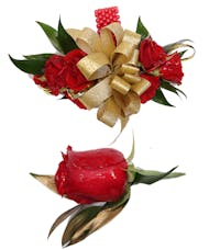 Red and Gold Wrist Corsage